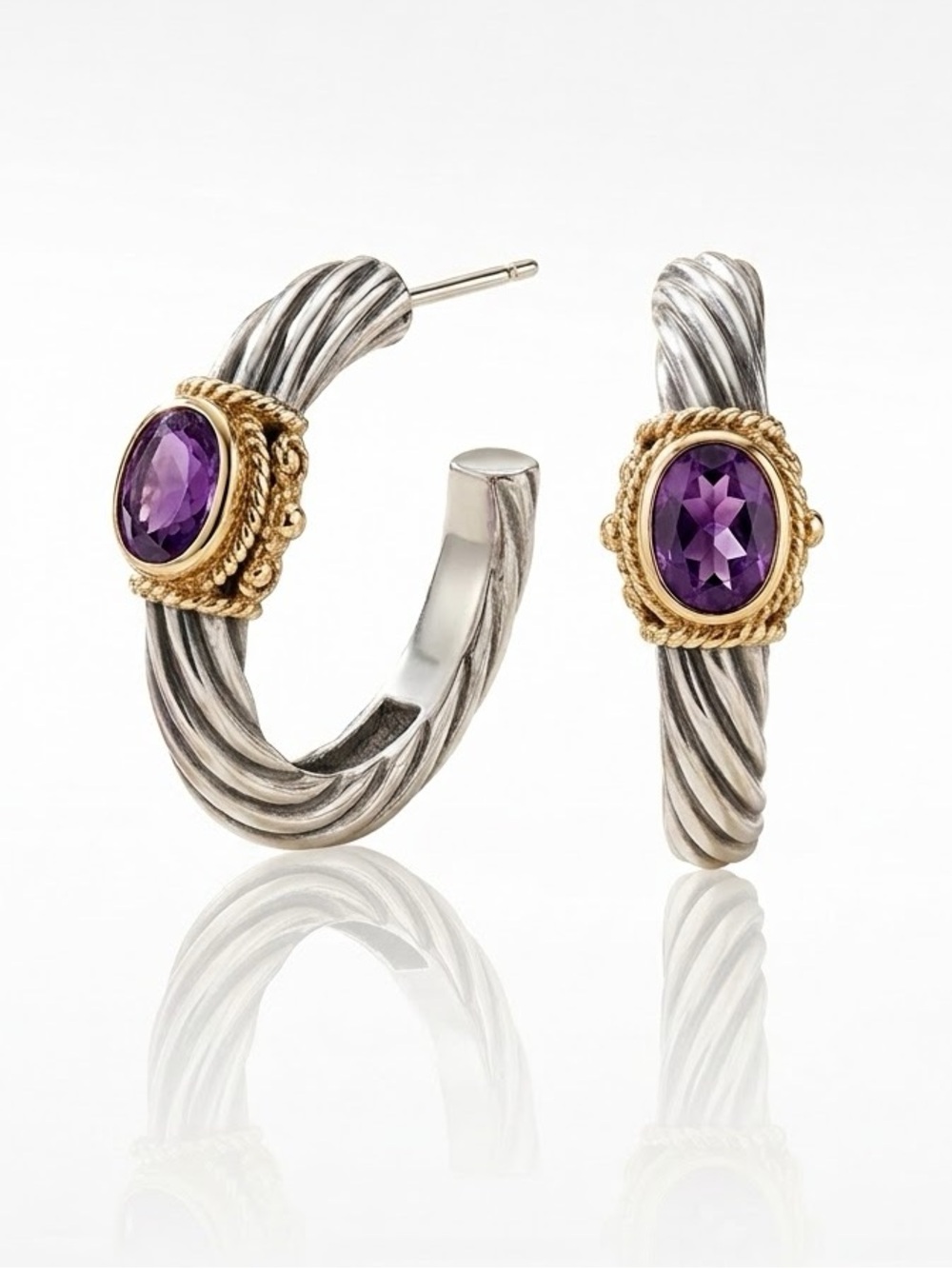 Vintage 14k Gold + Sterling | HOOP EARRINGS | Amethysts / Bezel Set / Cable Look